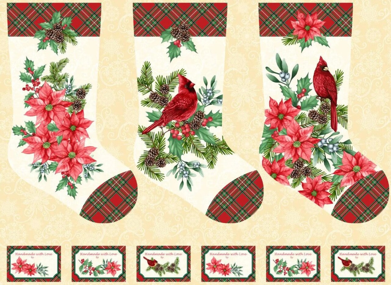 Christmas Blooms of the Holiday Stocking Panel 100% Cotton Fabric Price per Panel